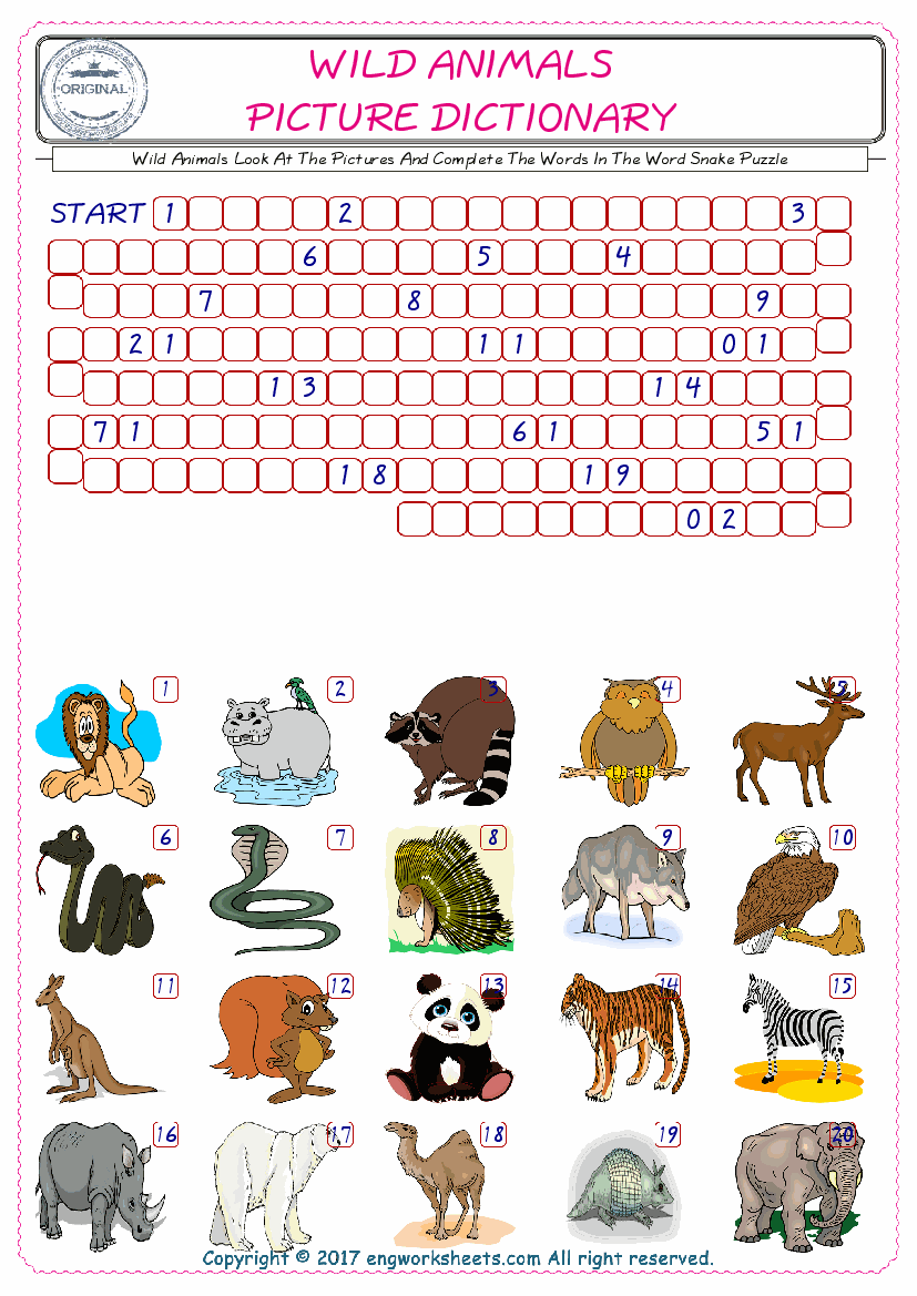  Check the Illustrations of Wild Animals english worksheets for kids, and Supply the Missing Words in the Word Snake Puzzle ESL play. 